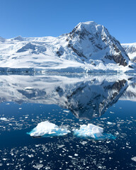 Snow covered peak mirrored in calm polar water among floating ice © Don