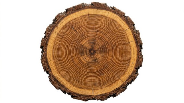 A detailed cross section of a tree trunk showing growth rings isolated on white background