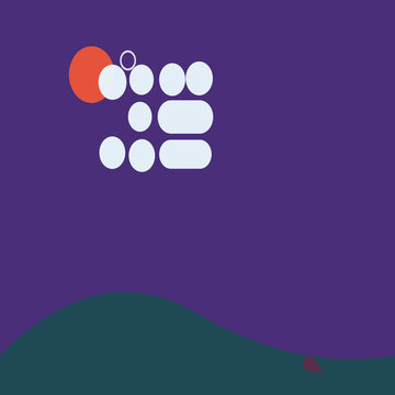 Abstract geometric shapes with circles and rounded rectangles on a dark purple background with a simple hill landscape design