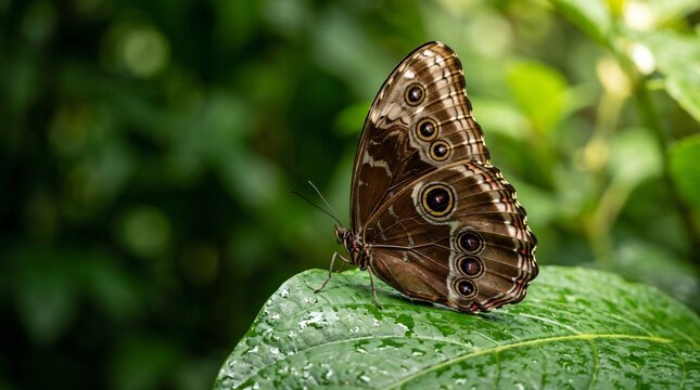 A beautiful brown owl butterfly resting on a wet green leaf in a lush tropical rainforest environment