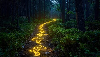 Obraz premium Glowing Golden Footprints Leading Along Dark Forest Path