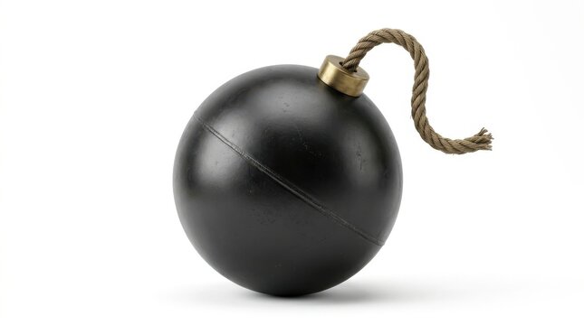 Classic black cartoon style bomb with burning fuse isolated on white background