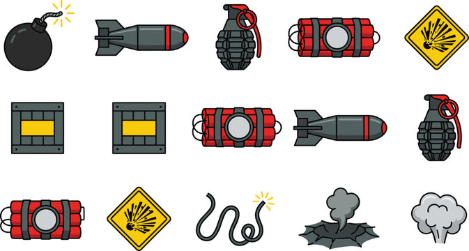 Bomb and Explosive Weapon Icon Set with Dynamite Grenades Missiles Warning Signs and Blast Effects for Game Design and Vector Graphic Media