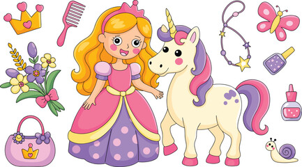 Fototapeta premium Cute Princess and Unicorn Cartoon Vector Set with Magic Accessories, Flowers, Butterfly, Handbag, Crown, and Fantasy Fairy Tale Elements