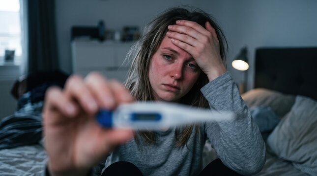 Stressed ill woman holding digital thermometer while suffering from fever and high body temperature sitting on bed