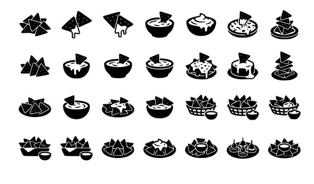 Nachos and Cheese Dip Silhouette Vector Collection with Tortilla Chip Snack Icons for Restaurant Menu Food Designs