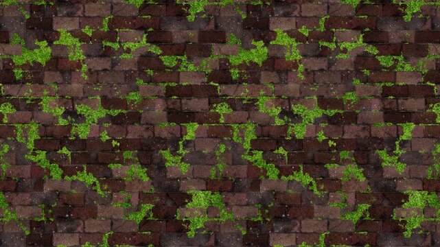 Aged red brick wall with green moss pattern, a seamless loop texture.