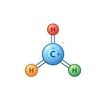 Methane chemical molecule vector icon with central carbon and three hydrogen atoms isolated on white background