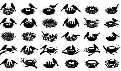 Fototapeta premium Minimal Bird Nest Vector Icon Set with Wildlife Parent Bird Silhouettes Eggs and Nature Collection for Creative Designs