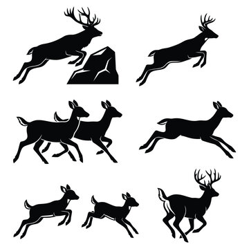 Set of black silhouettes of jumping and running deer isolated on a white background