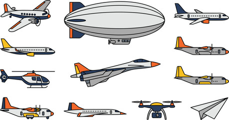 Aviation and Air Transportation Vector Icon Set Featuring Commercial Airliners Blimp Supersonic Jet Fighter Helicopter Quadcopter Drone and Paper Airplane Designs © MbBasir