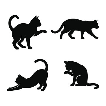 Set of four black cat silhouettes in different poses isolated on a white background