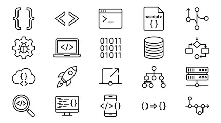 Fototapeta premium Collection of Coding and Programming Icons Representing Software Development Concepts.