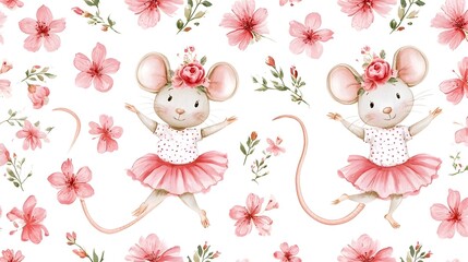 Obraz premium Cute watercolor mouse dances. Seamless spring floral pattern. Ideal for nursery decor. Stock Illustration