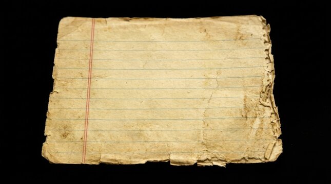 Old crumpled piece of lined notebook paper isolated on black background