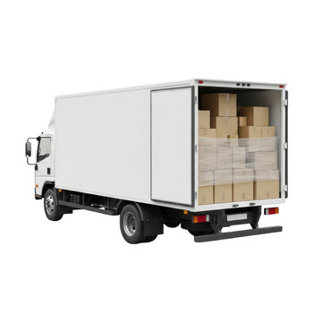White delivery truck with cardboard boxes.