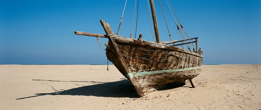 Weathered Old Traditional Wooden Dhow Boat Resting Alone On A Vast Empty Sandy Beach Under A Clear Cloudless Blue Sky With A Broken Mast And Long Cast Shadow Across The Sand