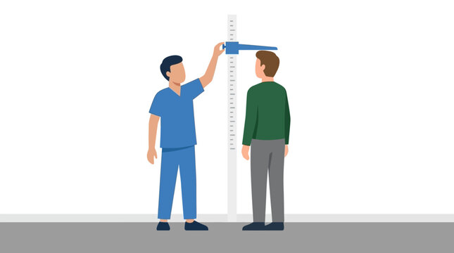 Doctor measuring patient's height with stadiometer against wall