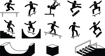 Skateboarding stick figure icon set featuring skateboarders performing stunts tricks jumps halfpipe grinding rails and stairs obstacle © MdRakib