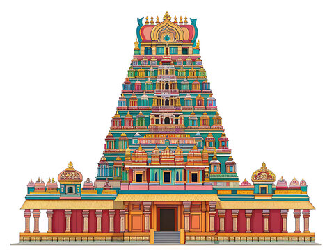 Meenakshi Temple colorful gopuram, simplified premium vector illustration, geometric ornamental architecture, isolated on white background