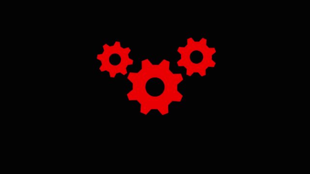 Three red gears spinning system process motion graphic animation on black background