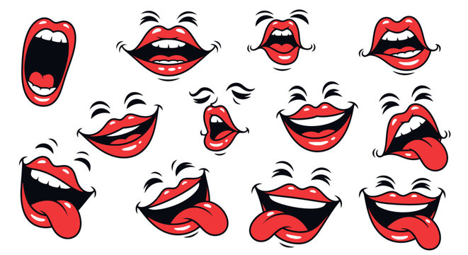 Large collection of vector cartoon mouth expressions and lip sync shapes including smiles, frowns, laughing, shouting, and surprise for character design and animation assets.