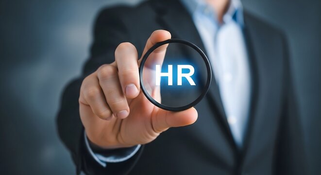 Professional businessman holding magnifying glass focusing on human resources text