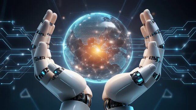 Robotic Hands Cupping Glowing Digital Earth Globe Over Circuits