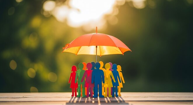 Colorful paper people figures standing together under protective umbrella concept