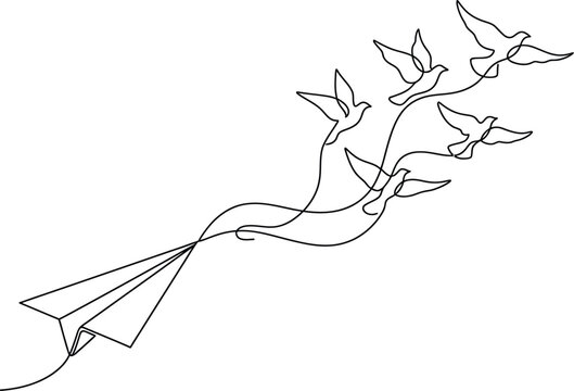 Paperplane transformed into flying birds in a continuous line art style graphic.