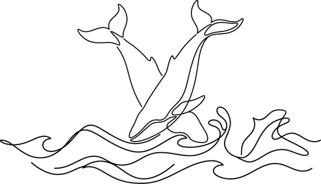 Whales swimming in the deep ocean are illustrated with one continuous black.
