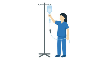 Fototapeta premium Nurse adjusting IV drip bag on stand, medical care, healthcare illustration