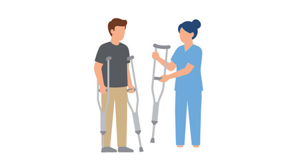 Fototapeta premium Nurse Helping Patient With Crutches, Rehabilitation, Injury Recovery