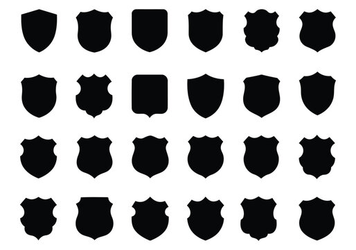 Collection of various black shield silhouettes isolated on a white background for heraldry and logo design