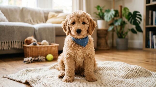 Adorable golden retriever puppy wearing a blue bandana sitting on a rug in a cozy living room