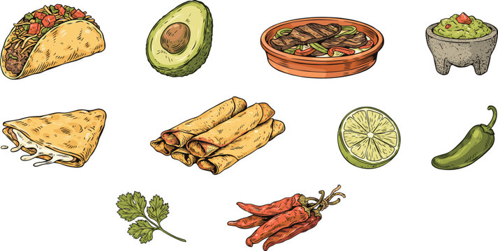 Mexican Food Hand Drawn Sketch Vector Set Featuring Taco Avocado Fajita Guacamole Quesadilla Taquitos Lime Jalapeno Cilantro and Dried Red Chili Peppers
