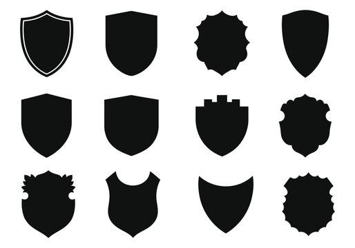 Collection of various black shield silhouettes for heraldry and logo design elements on white background