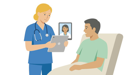 Obraz premium Nurse using tablet for telehealth consultation with patient and doctor