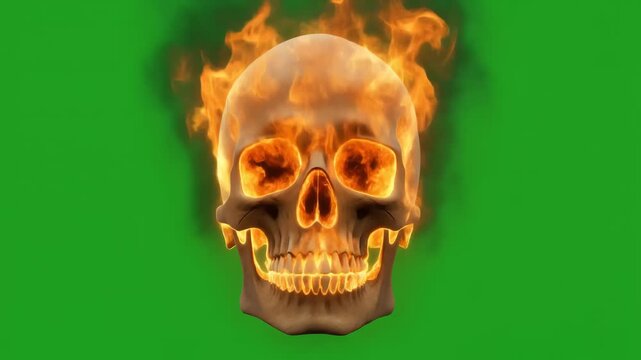 Human Skull Engulfed in Intense Flames on Green Screen