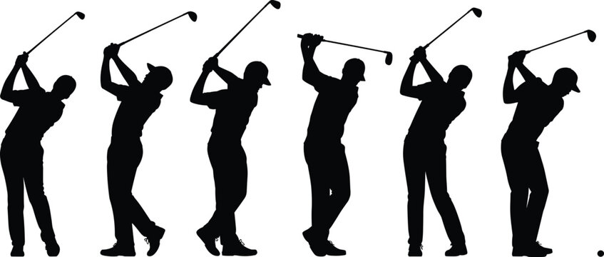 Professional silhouette sequence of a male golfer demonstrating the stages of a golf swing on white background