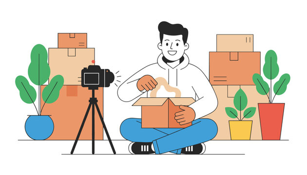Happy man unboxing a cardboard delivery package while recording a video on his camera in a home studio.