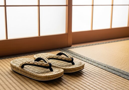 Traditional woven footwear sits neatly on a textured floor mat beside a classic sliding paper screen door inside a quiet, sunlit room, craft, natural, floor