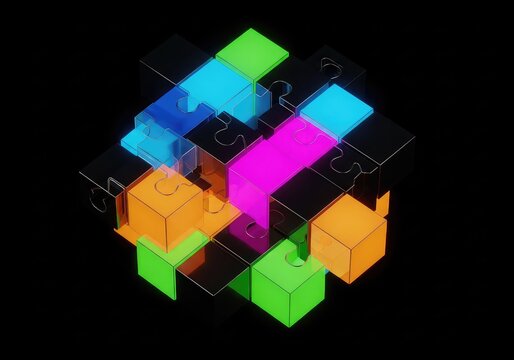 Vibrant geometric blocks in neon colors form a complex digital puzzle against a stark black background, showcasing a modern technological aesthetic, graphic, techno, visual