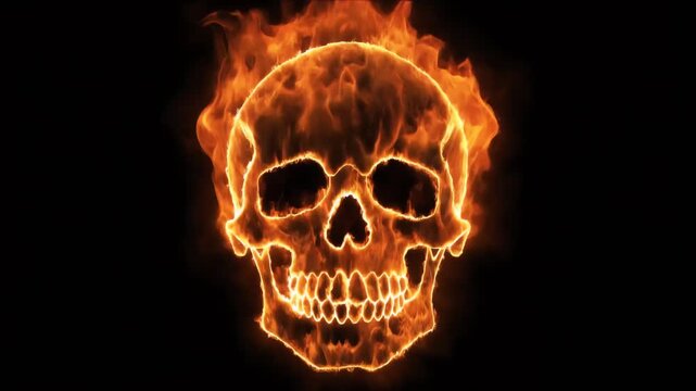 Flaming Human Skull Burning on Isolated Black Background