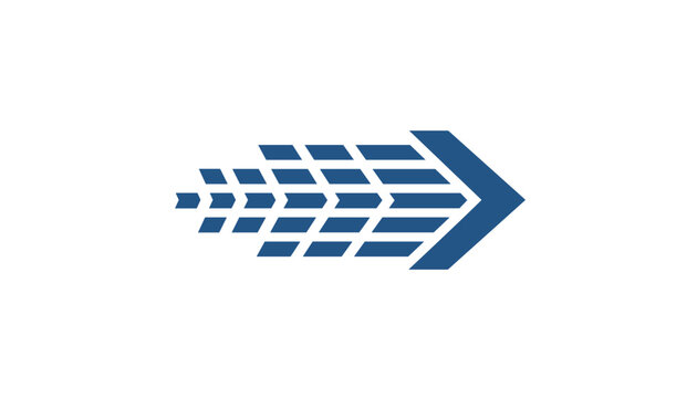 Dynamic abstract navy blue geometric arrow pointing right made of parallel lines isolated on a white background.