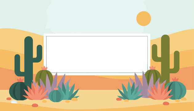 Vibrant desert landscape banner featuring green cacti, colorful agaves, sun, and a large blank white text frame.