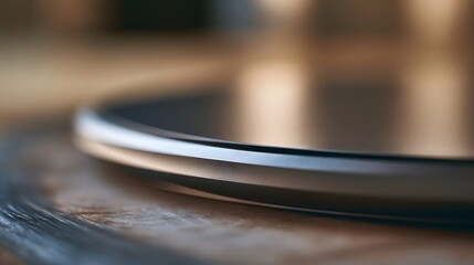 Obraz premium A sleek metallic object rests on a wooden surface showcasing smooth curves and warm ambient lighting