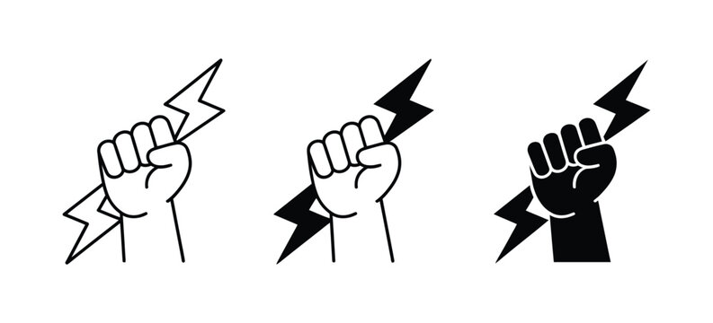 Fist Power Symbol, Lightning Bolt Icons, Strength and Energy Vector Graphics Set for Dynamic Force Design Isolated Modern Powerful Artwork