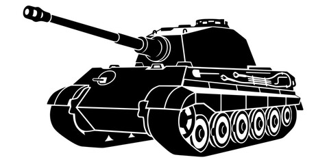 Stylized black silhouette of armored military tank with turret and tracks. Bold vector artwork symbolizing combat, defense, and technology, ideal for historical or educational themes. © Suriya