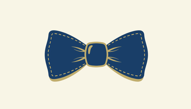 Dark blue gentleman fashion bow tie with classic gold stitching details isolated on a minimal cream color background.